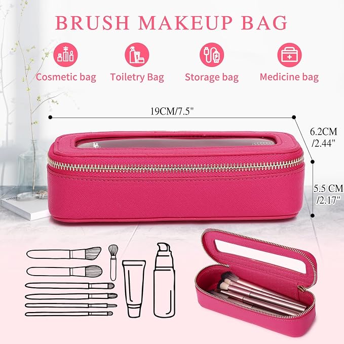 Pinkmik Makeup Brush Bag Slim Clear Makeup Bag Transparent Travel Cosmetic Case & Toiletry Bag with Zipper Small Beatuy Makeup Bag Purse Organizer for Women (X/Fuxia, SLIM) - Image 2