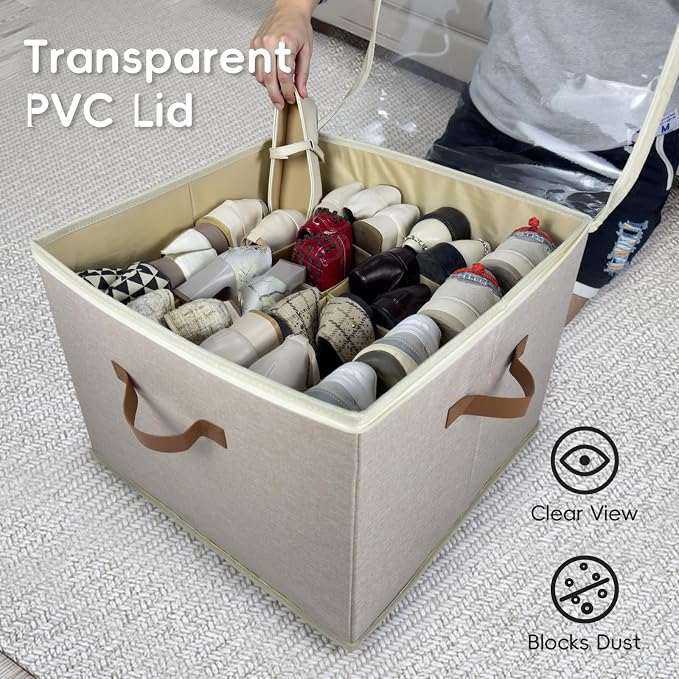 Shoe Organizer for Closet, 2 Pack Shoe Storage Bins with Clear Cover, Adjustable Dividers Fits 16-32 Pairs ShoeBoxes, Organizador de Zapatos, Khaki - Image 5