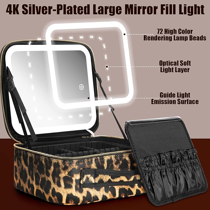 Makeup Travel Train Case with Mirror LED Light 3 Adjustable Brightness Cosmetic Bag Portable Storage Adjustable Partition Waterproof Makeup Brushes Makeup Jewelry Gift for Women (Leopard Print) - Image 5