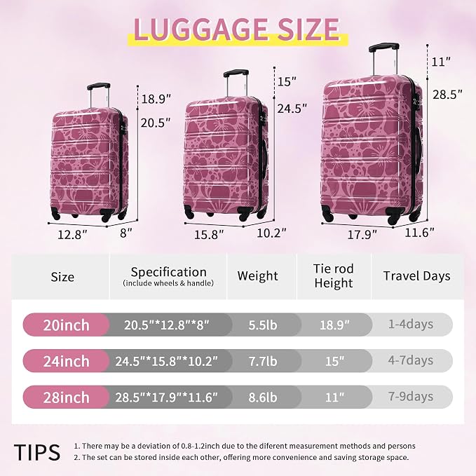 Merax Luggage Sets 3 Piece, Hardside Suitcase Set with Spinner Wheels | Lightweight Printing Luggage Carry on,20+24+28 IN,Purple Pink - Image 2