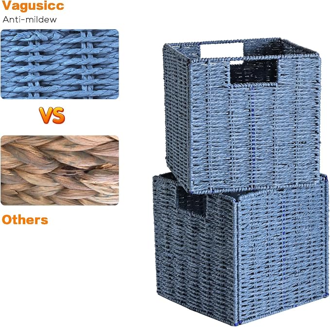 Vagusicc Wicker Storage Basket, Set of 2 Hand-Woven Storage Baskets for Shelves with Handles, Foldable Cube Storage Baskets Bins 11 Inch Large Wicker Baskets for Pantry Decor, Blue(11''x11''x11'') - Image 3