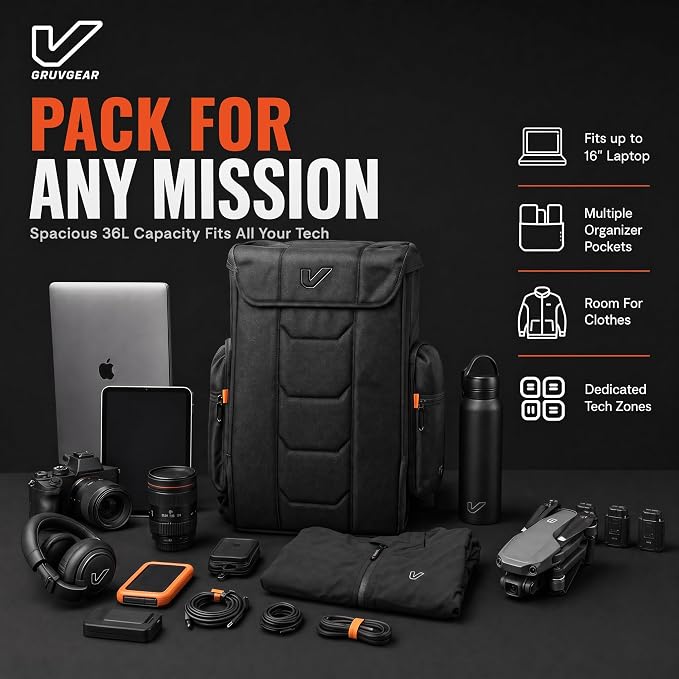 Gruv Gear Travel Laptop Backpack, 36L Black Tech Backpack with Modular Storage Shelves, Dual Access Pockets & TSA-Friendly Design, Large Carry-On Backpack for Work, Travel & Gear Organization - Image 6