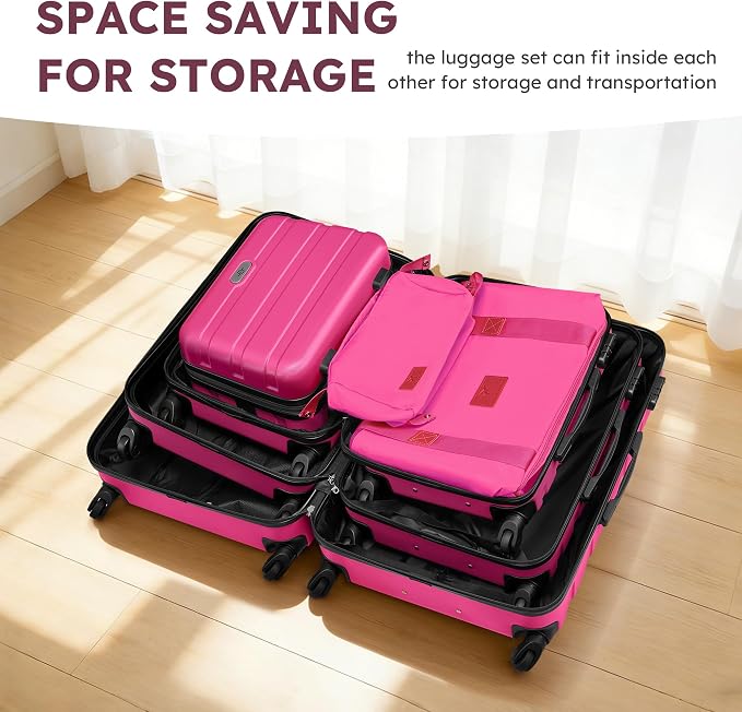 Suitour Luggage Sets 6 Piece, 20-inch Carry-on and 24 inch 28 inch Checked Suitcase Set with Cosmetic Case and Expandable Travel Duffle Bags Set(Rose Red) - Image 8
