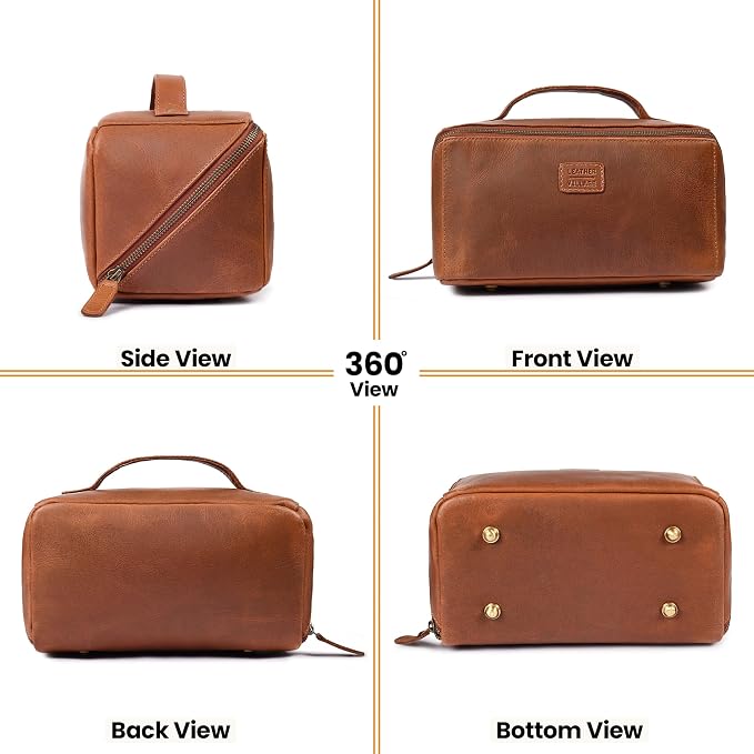 LEATHER VILLAGE Genuine Leather Travel Dopp Kit for Men & Women – Open Flat Large Capacity Cosmetic Bag with Water-Resistant Lining – Skin Care, Brushes, Shaving & Bathroom Essentials Organizer- Tan - Image 5