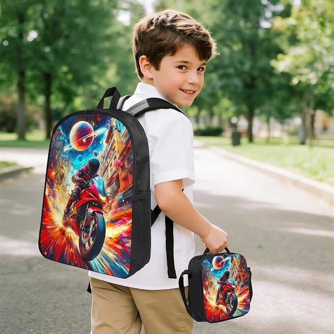 Motorcycle Kid Backpack Set with Lunch Bag & Pencil Case Large Capacity School Bag 17 Inch Bookbag for Boy Girl - Image 2