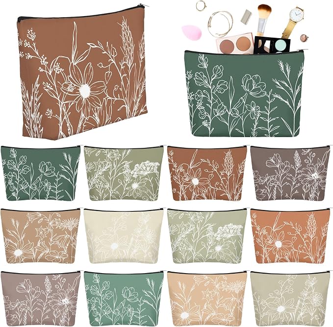 Sweetude 12 Pcs Boho Line Flowers Makeup Bag Bulk Boho Gifts Portable Travel Cosmetic Bags with Zipper Retro Floral Waterproof Portable Roomy Travel Toiletry Organizer Storage Beauty Pouch for Women by Sweetude