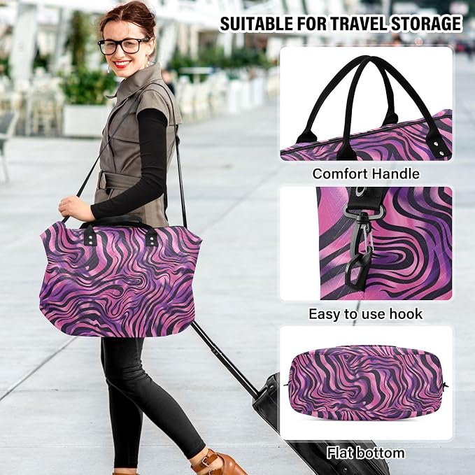 Weekender Bags Travel Duffel Gym Bag Zebra Print Purple Carry on Overnight Tote Bag with Toiletry Bag for Airplane Travel Trip Gym Yoga - Image 6