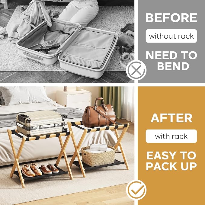oakvivo Fully Assembled Luggage Rack, 26.77" Natural Luggage Rack for Guest Room, Bamboo Folding Suitcase Stand with Fabric Storage Shelf, Heavy Duty 5 Nylon Straps Luggage Holder for Hotel, 1 Pack - Image 6