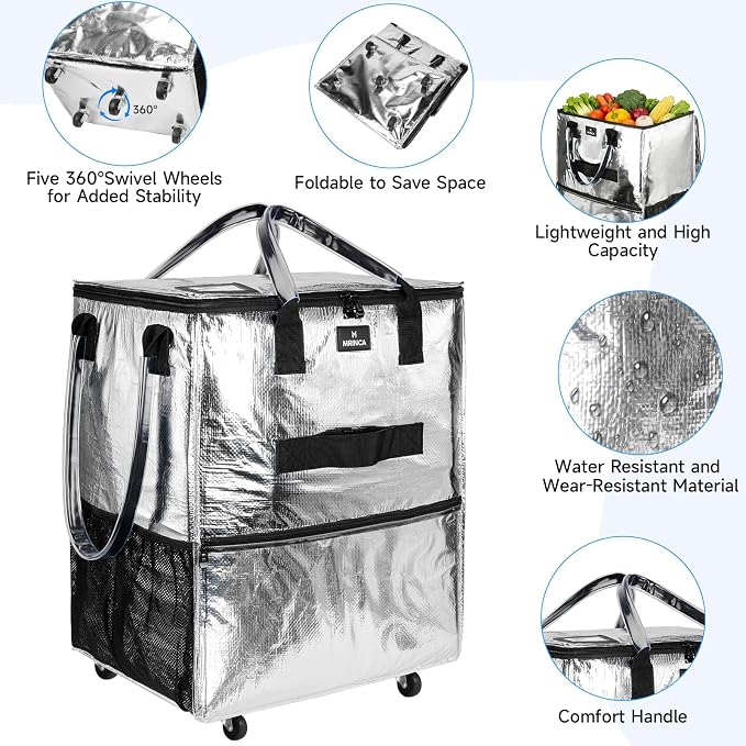 Large Reusable Grocery Bag On 5 Wheels, 130L Foldable Rolling Tote Bag, Heavy Duty Shopping Cart with Multiple Pockets, Zippered Top, Folds Flat for Storage, Shopping, Laundry, Camping, Moving, Silver - Image 6