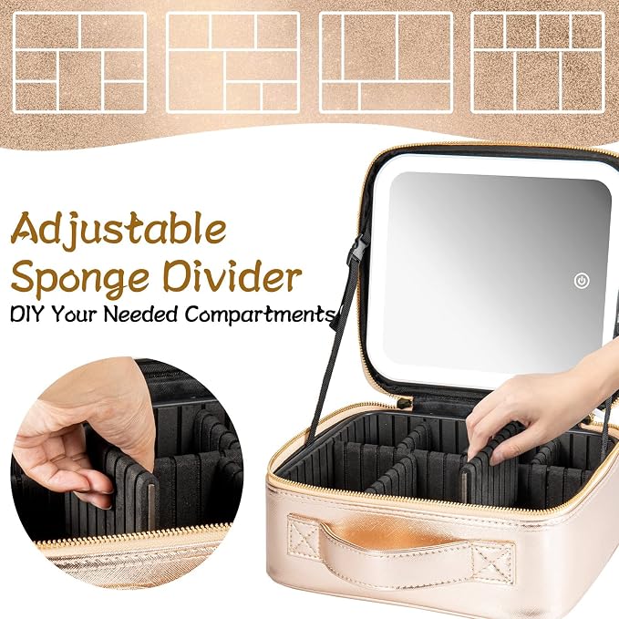 Extrei Gent Makeup Travel Train Case with Mirror LED Light 3 Adjustable Brightness Large Cosmetic Bag Portable Storage Adjustable Partition Waterproof Make up Brushes Makeup Jewelry Gift for Women - Image 4