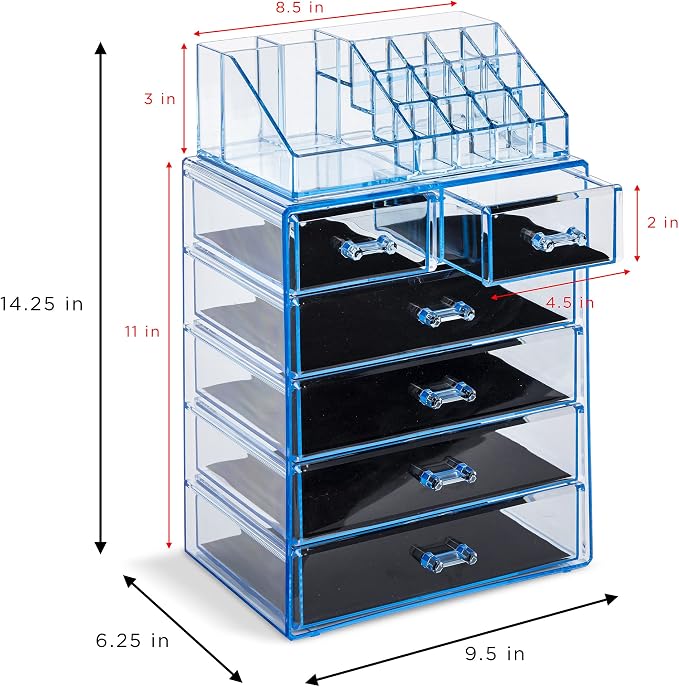 Sorbus Acrylic Makeup Organizer Set, 6-Drawer Vanity & Countertop Cosmetic Storage with Small & Wide Compartments, Blue Brilliance Makeup Storage for Brushes, Jewelry – Holiday Gift for Women & Teens - Image 3