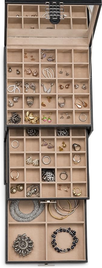 Glenor Co Earring Organizer Holder - 50 Small & 4 Large Slots Classic Jewelry box with Drawer & Modern Closure, Mirror, 3 Trays for Earrings, Ring or Chain Storage - PU Leather Case - Black - Image 4