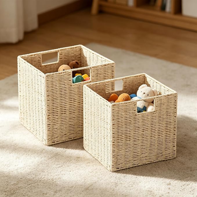 Vagusicc Wicker Storage Basket, Set of 2 Hand-Woven Storage Baskets for Shelves with Handles, Foldable Cube Storage Baskets Bins Organizer, 9 inch Wicker Baskets for Pantry Bedroom Decor, Beige - Image 3