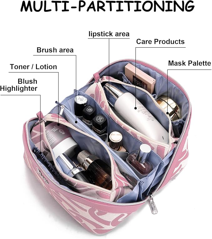 BOYATU Travel Makeup Bag for Women: Large Capacity 3-Piece Cosmetic & Toiletry Organizer - Expands Storage by 50% with 2 Detachable Pouches,Opens Flat for Easy Packing,Waterproof PU Leather(Pink) - Image 4