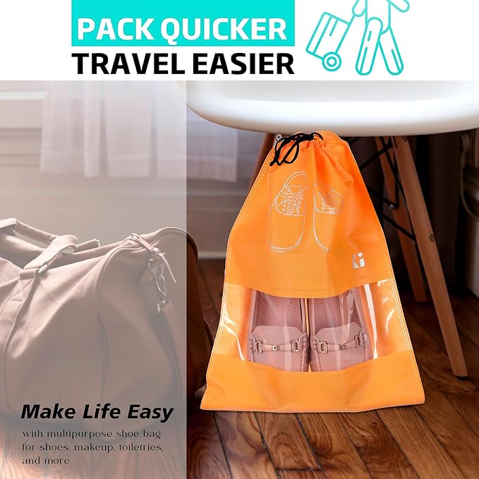 Kuber Industries Pack of 8 Shoe Bags | Shoe Bags for Travel | Non-Woven Shoe Storage Bags | Storage Organizers Set | Shoe Cover with Transparent Window | Shoe Dori Cover | Orange - Image 6