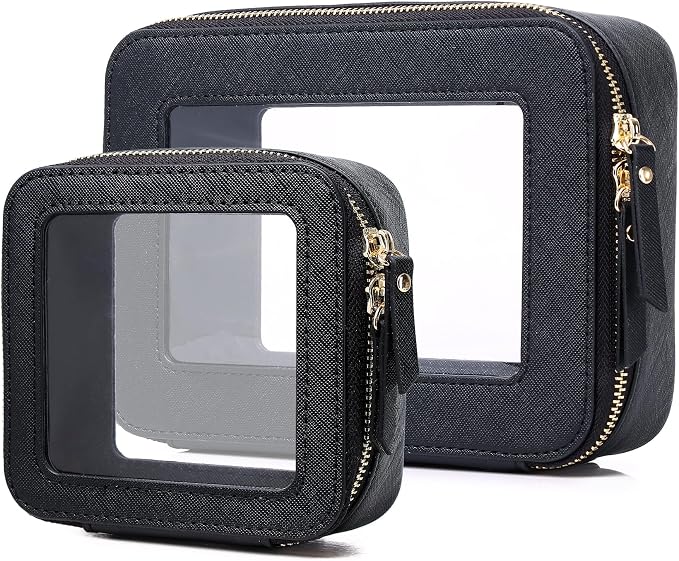 Pinkmik Clear Makeup Bag Waterproof Travel Case for Cosmetics and Toiletries Women's Purse Organizer and Clear Car Bag with Zipper (Black, M+MINI) by Pinkmik