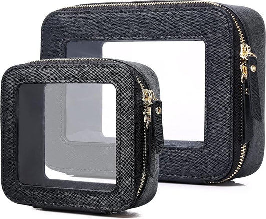 Pinkmik Clear Makeup Bag Waterproof Travel Case for Cosmetics and Toiletries Women's Purse Organizer and Clear Car Bag with Zipper (Black, M+MINI) by Pinkmik