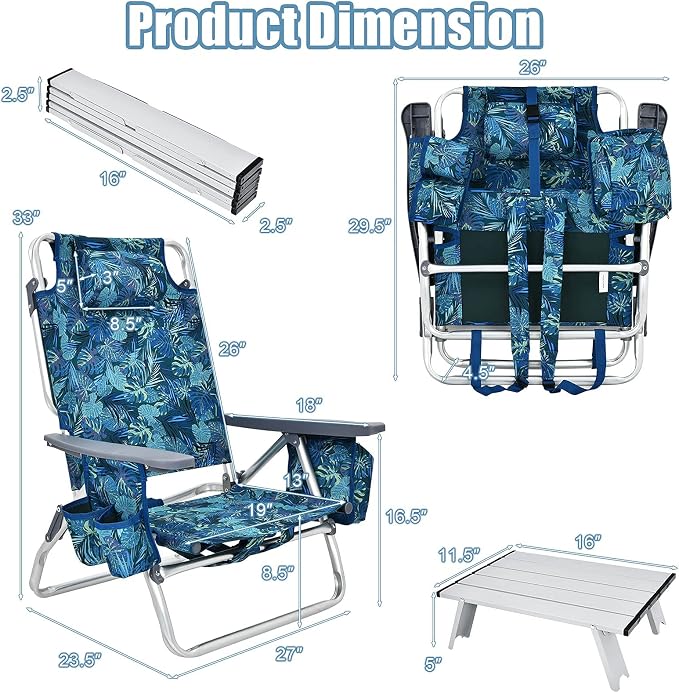 Giantex Folding Beach Chair, Patio Sling Chairs with 5 Adjustable Position, Head Pillow, Storage Bag, Towel Bar, Cup Holders, Backpack Chairs for Sunbathing, Camping Chair - Image 3