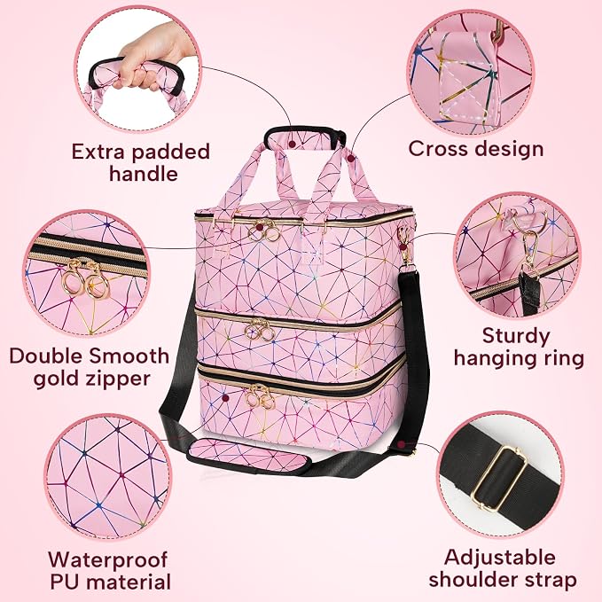 Nail Polish Organizer Bag Holds 84 Bottles & Nail Lamp, 3 Layers Nail Kit Storage Carrying Case Pu Leather, Large Nail Supplies Organizer With Shoulder Strap, Portable Travel Nail Bag,Pink - Image 5
