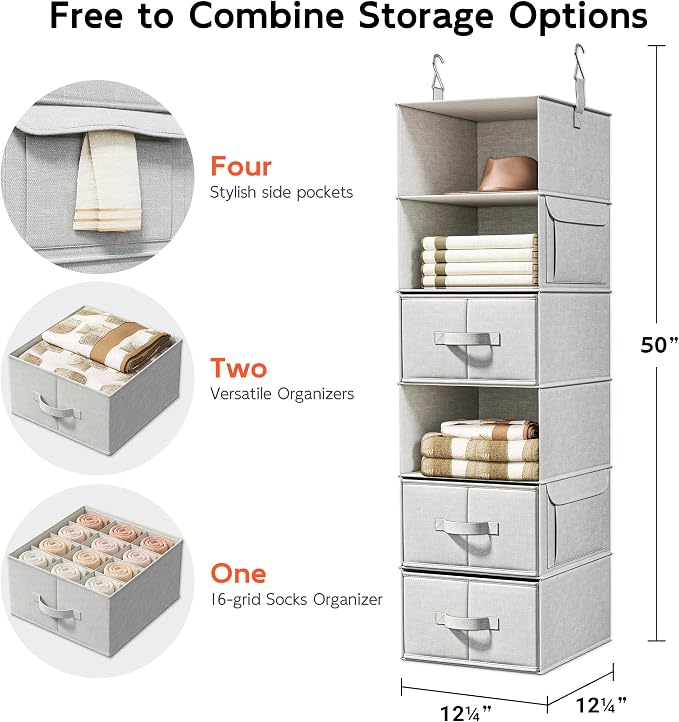 Vailando 6-Shelf Hanging Closet Organizer with 3 Drawers, Closet Hanging Shelves with Removable Fabric Drawers for Wardrobe, Nursery & Dorm Storage, Silver Gray - Image 3