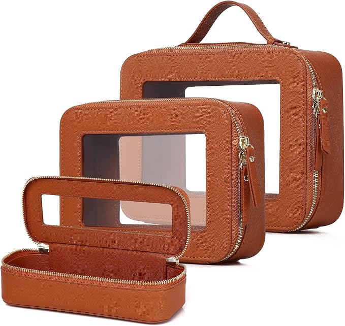 Travel Makeup Set, Brown, L+M+SLIM | Waterproof, Transparent Cosmetic Bag, Toiletry Bag, Makeup Brush Case with Zipper, Car Essentials for Women by LOFOWN