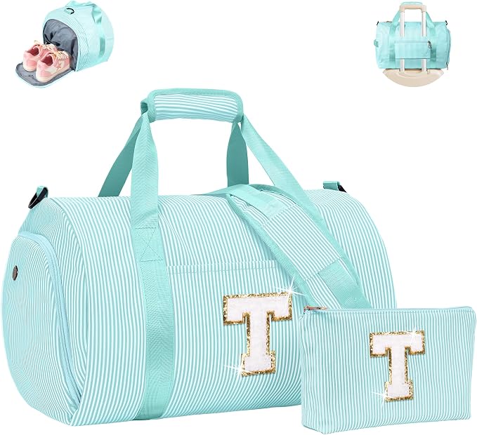 Gift for Preteen, Girls Travel Duffle Bag, Kids Initial Overnight Bags with Shoe Compartment, Personalized Weekend Bag with Cosmetic Pouch, 10 Year Old Girl Birthday Gifts (Letter T) by Vogewood