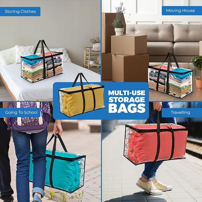 VitalUp 2 Pack Clear Large Moving Bags, Heavy Duty Storage Bags, College Totes, Storage Bins, for Organizing Blankets, Clothing for College, Dorm, Packing, Durable with Zipper and Handle 25x14x12 - Image 7