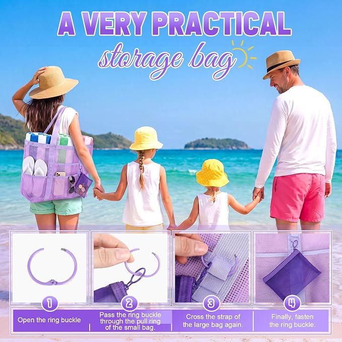 Hillban Large Mesh Beach Bag Bulk for Women Waterproof Sandproof Pool Tote Bag with 8 Pocket Small Zipper Pouch with Ring - Image 5