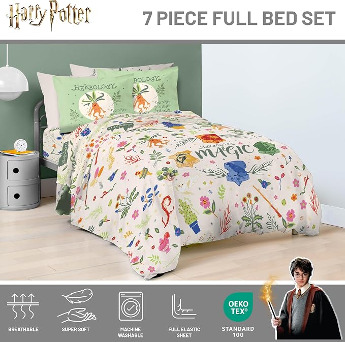 Harry Potter Full Comforter Set 7 Piece Soft Floral Bedding, Multi | Herbology, Bed in a Bag, Comforter Sheets Shams Pillowcases, Official Product, Soft Microfiber, Machine Washable, Easy Care - Image 4