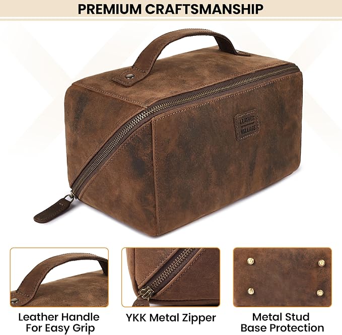 LEATHER VILLAGE Genuine Leather Travel Dopp Kit for Men & Women – Open Flat Large Capacity Cosmetic Bag with Water-Resistant Lining – Skin Care, Brushes, Shaving & Bathroom Essentials Organizer- Brown - Image 3