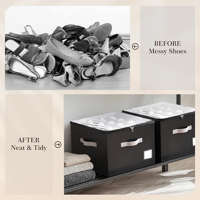 Criusia Shoe Organizer for Closet, Foldable Shoe Storage Organizer with Clear Cover and Sturdy Handles, Fit 12-16 Pairs, Closet Organizer for Shoes Sneakers Sandals Heels, 2 Pack, Black - Image 2
