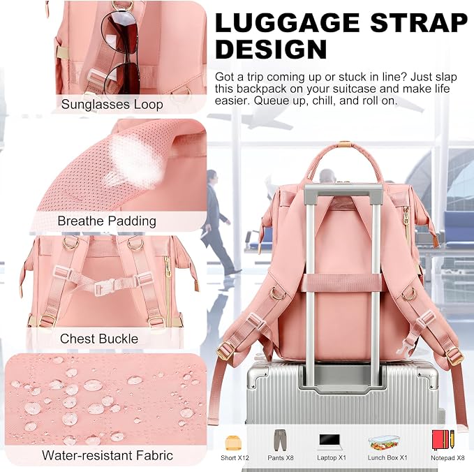 AIJIEKE Lunch Backpack for Women, 15.6 Laptop Backpack, Lunch Box, Pink | Water resistant computer bag with insulated leakproof cooler. Travel meal prep backpack for nurse, teacher, college commute - Image 4