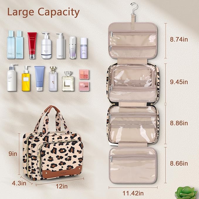 Wedama Toiletry Bag for Women, Hanging Travel Toiletry Bag with Jewelry Organizer Compartment Large Makeup Bag, PVC Waterproof Cosmetic Travel Bag Trips Camping Bathroom, Leopard Print - Image 4