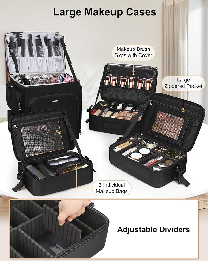 Relavel Rolling Makeup Case, 4 in 1 Hairstylist Traveling Bag Cosmetology Case on Wheels Large Hair Tools Cosmetics Train Case Makeup Artist Storage Organizer Trolley Suitcase with 360° Swivel Wheels - Image 4