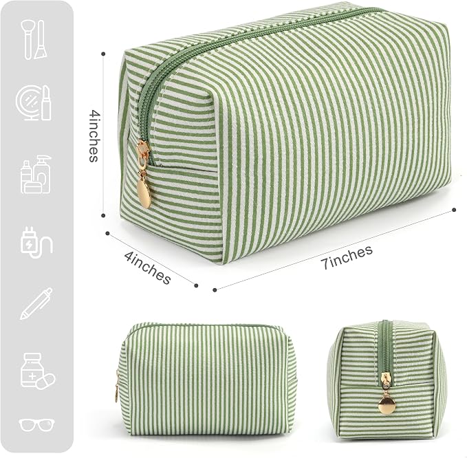 Makeup Bag Set for Women, 4PCS Travel Cosmetic Bags Pencil Case, Striped Seersucker Toiletry Organizer Pouches, Cute Makeup Pouch for Purse, Accessories and Gifts, Green - Image 2