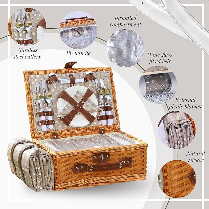 Picnic Basket Set for 4 with Waterproof Blanket Mat Insulation Bag Wicker Floral Brown Classic Fresh for Christmas Thanksgiving Wedding Birthday Camp Outdoor Beach Travel - Image 4