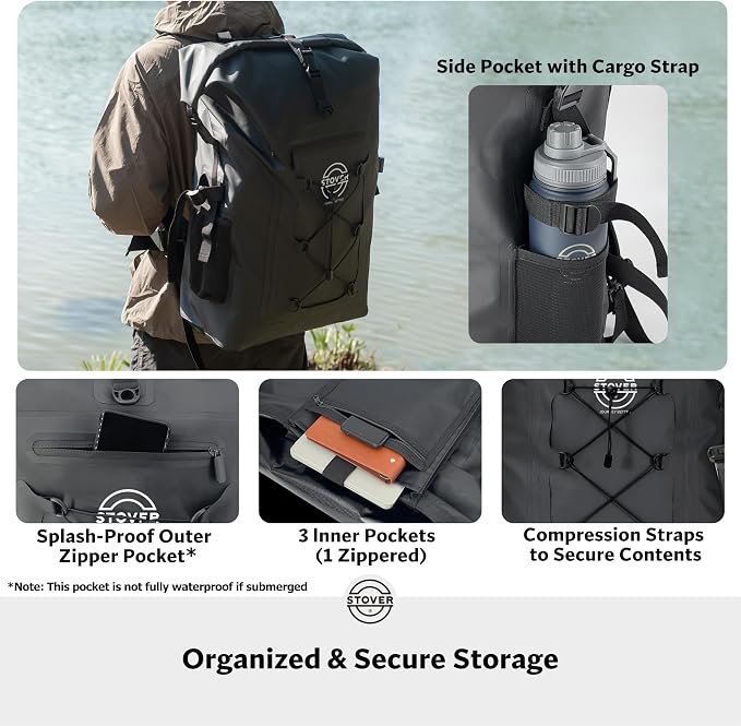 STOVER 30/40/55L Waterproof Dry Backpack & Phone Case- 2XL Floating Dry Bag for Kayaking, Travel, Hiking, Fishing, Camping, Motorcycles & Beach, Heavy-Duty Roll Top Men/Women (Black) - Image 5