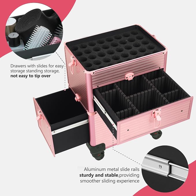 Somduy Rolling Makeup Case with Drawer, Makeup Train Case, 4 in 1Cosmetology Case on Wheels, Christmas Gift, Large Makeup Case Organizers, Profesional Cosmetic Case for Salon Barber, Light pink - Image 5