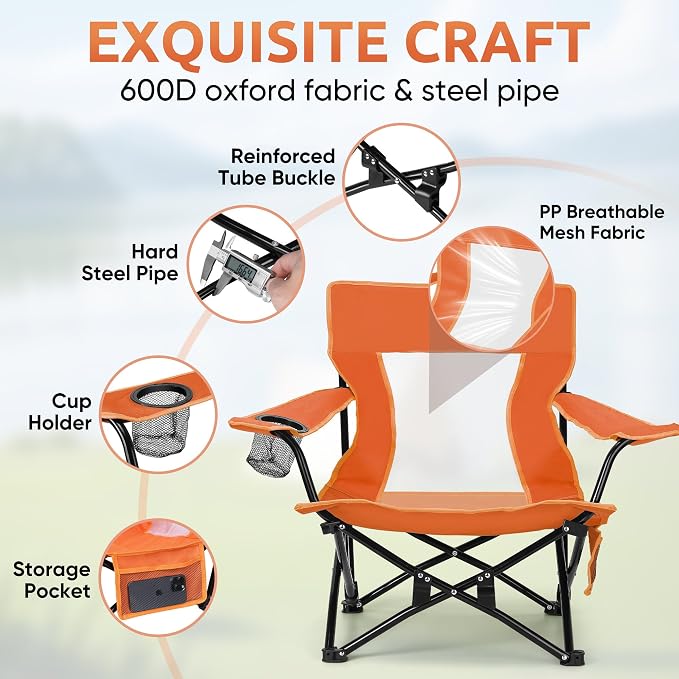 HaSteeL Folding Beach Chair Set of 2, Foldable Orange Camping Chairs for Outside, Low Beach Chair Portable for Adults Fishing, Picnic, Outdoor BBQ, Travel, Sports, Cup Holder & Storage Bag - Image 3