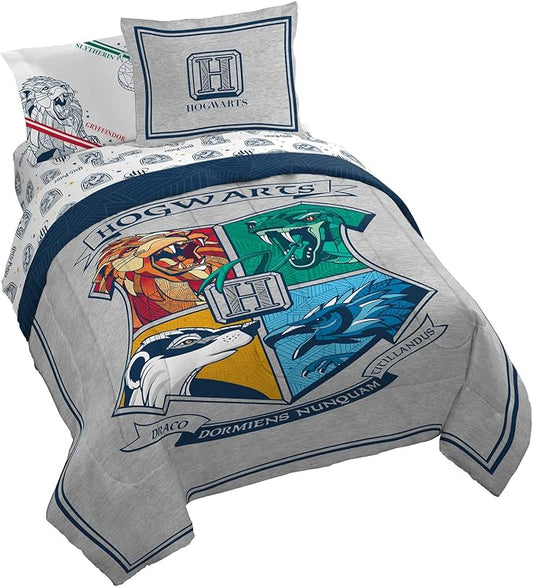 Harry Potter Queen Comforter Set 7 Piece Kids Bedding, Gray | Hogwarts, Bed in a Bag, Comforter Sheets Shams Pillowcases, Official Brand, Soft Microfiber, Machine Washable, Kids Gift by JayFranco