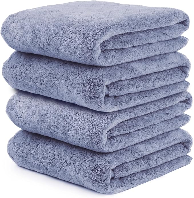 JML Bath Towels, Pack of 4, 30"x60", Large Microfiber Towel Set, Ultra Soft, Super Absorbent, Fast Drying, Perfect for Suana, Shower, Pool, Sport, Travel, Fitness, SPA,Yoga, Coral Fleece - Blue by JML