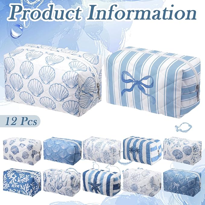 Hillban 12 Pcs Seashell Quilted Cosmetic Bag Bulk for Women Summer Beach Makeup Bag Seashell Themed Zipper Pouch Travel Toiletry Pouch Beach Kit Organizer Pouches Ocean Coastal Party Favor - Image 5