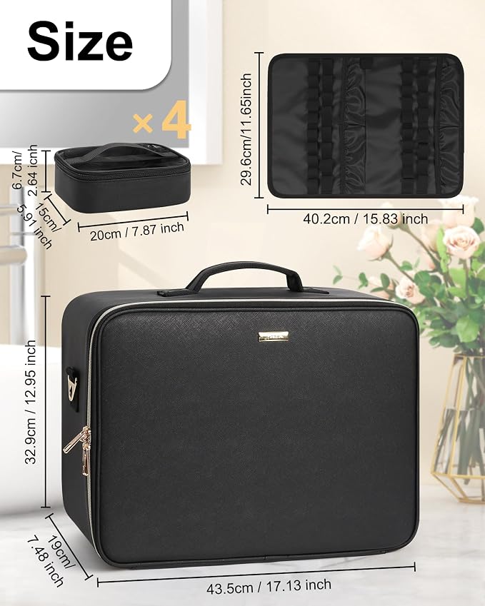 Relavel Extra Large Makeup Case Professional Cosmetic Storage Organizer Box Brush Holder with 4 Clear Set Bags for Makeup Artists with Shoulder Strap & Adjustable Dividers, Leather Black - Image 5