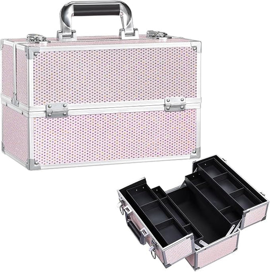 Stagiant 12.6 Inch Large Makeup Train Case, Professional 4 Trays Cosmetic Cases Makeup Storage Organizer Box Beauty Make Up Box with Lock&Adjustable Compartments for Nail, Accessories, Skincare, Pink by Stagiant