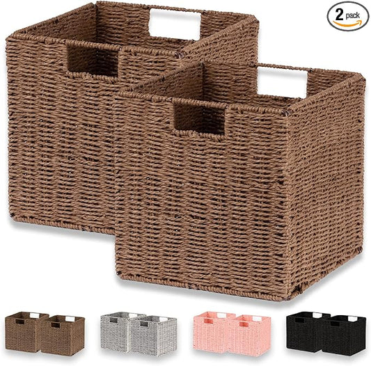 Vagusicc Wicker Basket, Set of 2 Hand-Woven Paper Rope Storage Baskets for Organizing, Foldable Cubby Storage Bins, 11 Inch Large Wicker Storage Basket, Square Baskets Cube Storage Organizer, Brown by Vagusicc