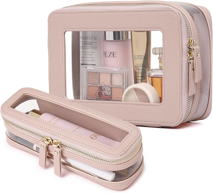 Pinkmik Clear Makeup Bag with Brush Case Travel Toiletry Bag Waterproof Cosmetic Organizer Car Essentials for Women (Pink, M+SLIM-1) by Pinkmik
