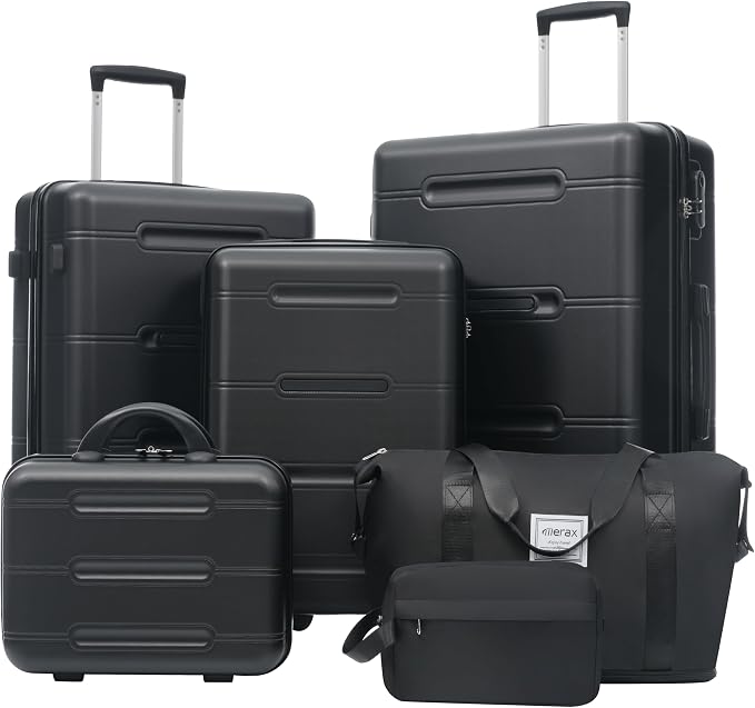 Merax Luggage Set 6 Piece,Lightweight Hardshell Suitcase with Wheels | 14 IN Cosmetic Case 20/24/28 IN Luggages with Handle Password Lock Duffel Bag and Toiletry Bag,Black by Merax