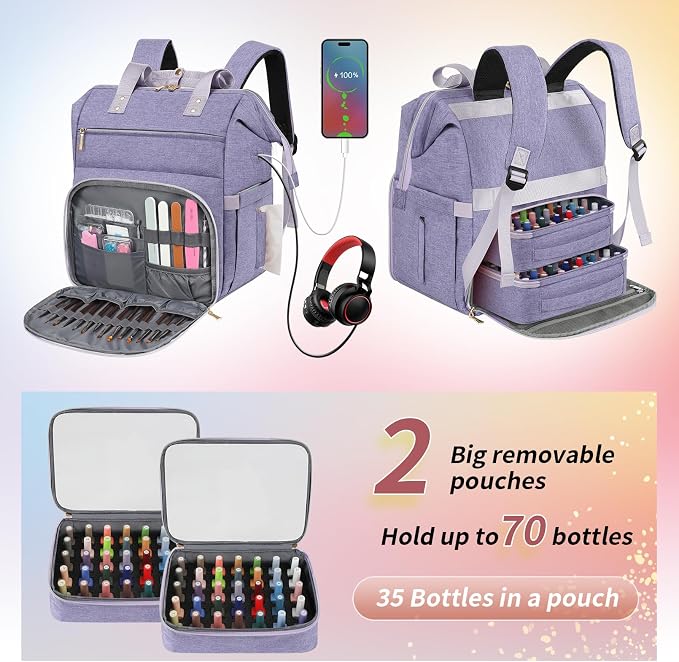 Nail Polish Organizer Case Backpack Holds 70 Bottles (15ml/0.5fl.oz) & Nail Lamp, 2 Layers Detachable Nail Kit Storage Case, Large Travel Nail Supplies Shoulder Bag for Manicure Tools (Purple) - Image 2
