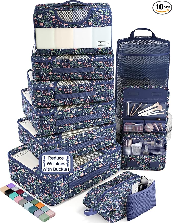 Veken 10 Set Packing Cubes for Travel Essentials,Anti-Wrinkle Buckled Suitcase Organizer for Shoe & Toiletry Bag,Carry On Luggage Bag with 99+ Count Mesh Holes for Airplane & College Dorm Accessories by Veken