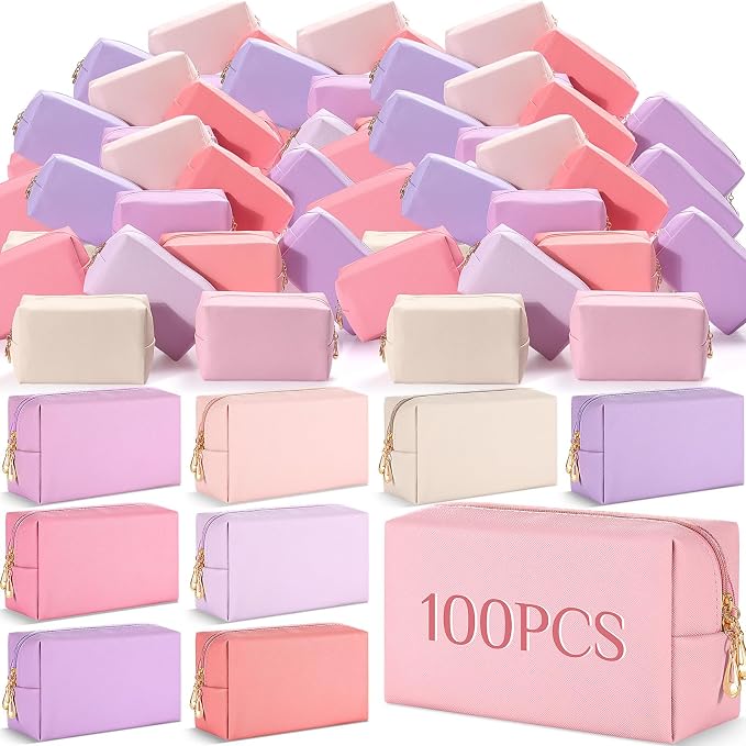 100 Pack Aesthetic Makeup Bags Bulk PU Leather Cosmetic Pouches Waterproof Toiletry Bags Makeup Pouches Bulk for Teen Girls Women Party Gift Travel Storage Back to Teacher Gift (Pink Purple) by Cunno